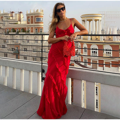 Women's Evening Dress - Long Flowy Silhouette - Spaghetti Straps - Elegant with Ruffle Details