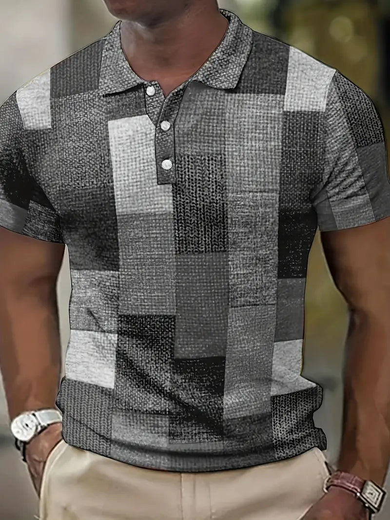 Men's Polo Shirt - Patchwork Design - Button Closure - Short-Sleeved - Breathable and Casual
