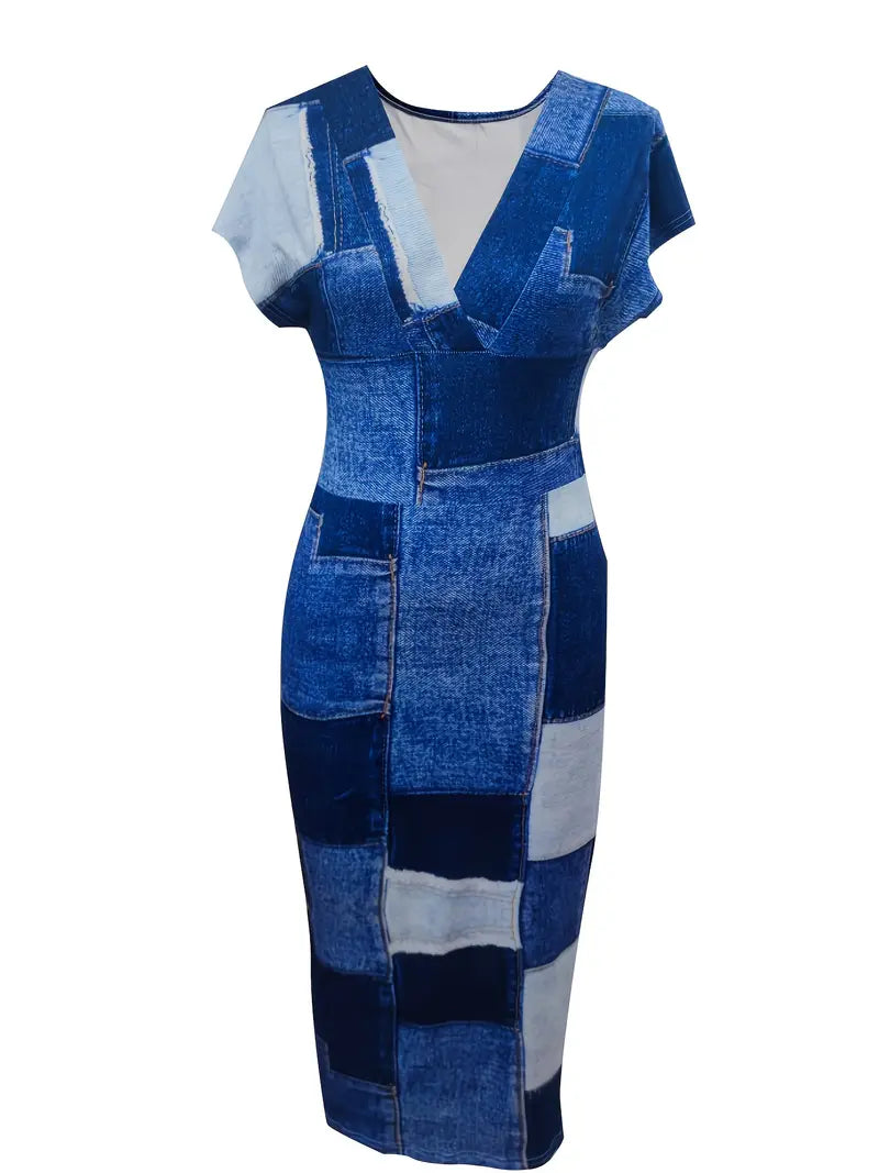 Women Bodycon Dress - Midi Length - V-Neck - Patchwork Design - Short Sleeves