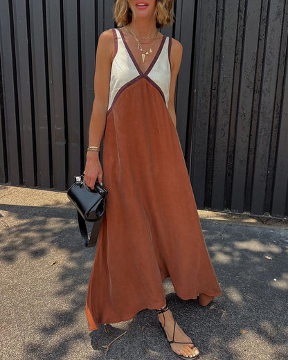 Women's Maxi Dress - V-Neck - Contrast Detail - Loose Fit - Elegant Long Dress