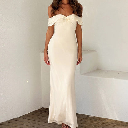 Women's Maxi Dress – Fitted Fit – Satin – Off-Shoulder with Ruffle Collar