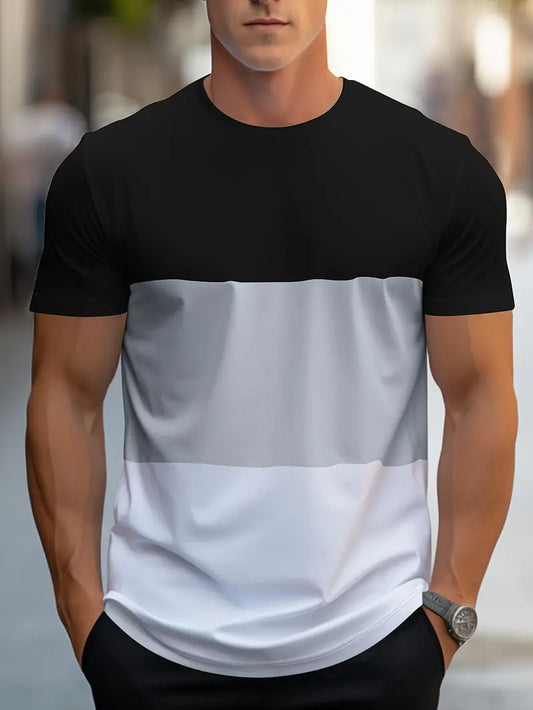 Men's T-shirt - Color Block Design - Round Neck - Short Sleeves - Relaxed Fit