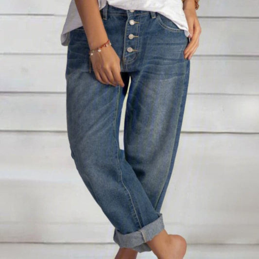 Women's Jeans - Relaxed Boyfriend Fit - Button Closure - Rolled-Up Legs - Mid-Rise Waist