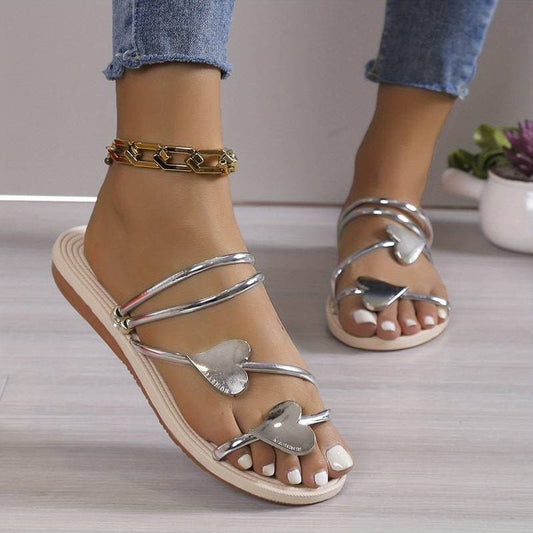 Women's Sandals - Flat Comfort Sole - Multi-Strap Design with Heart Decoration