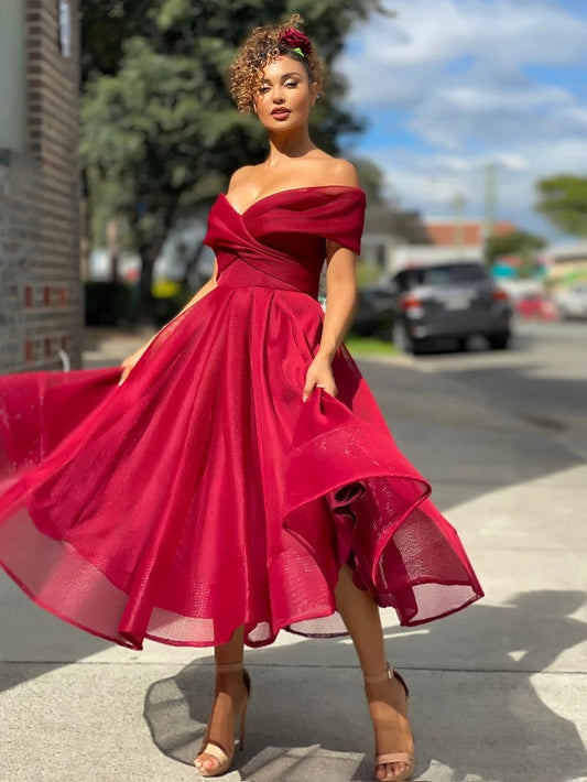 Women's Off-Shoulder Dress - A-Line - Midi Length - Elegant Party Dress