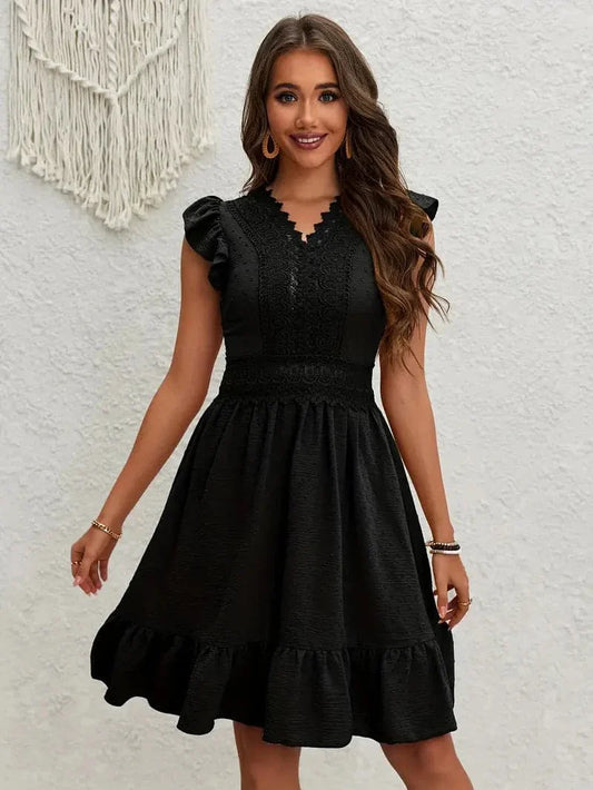 Women's Dress - V-Neck with Ruffle Details - Fitted Waist - A-Line Skirt - Elegant Design