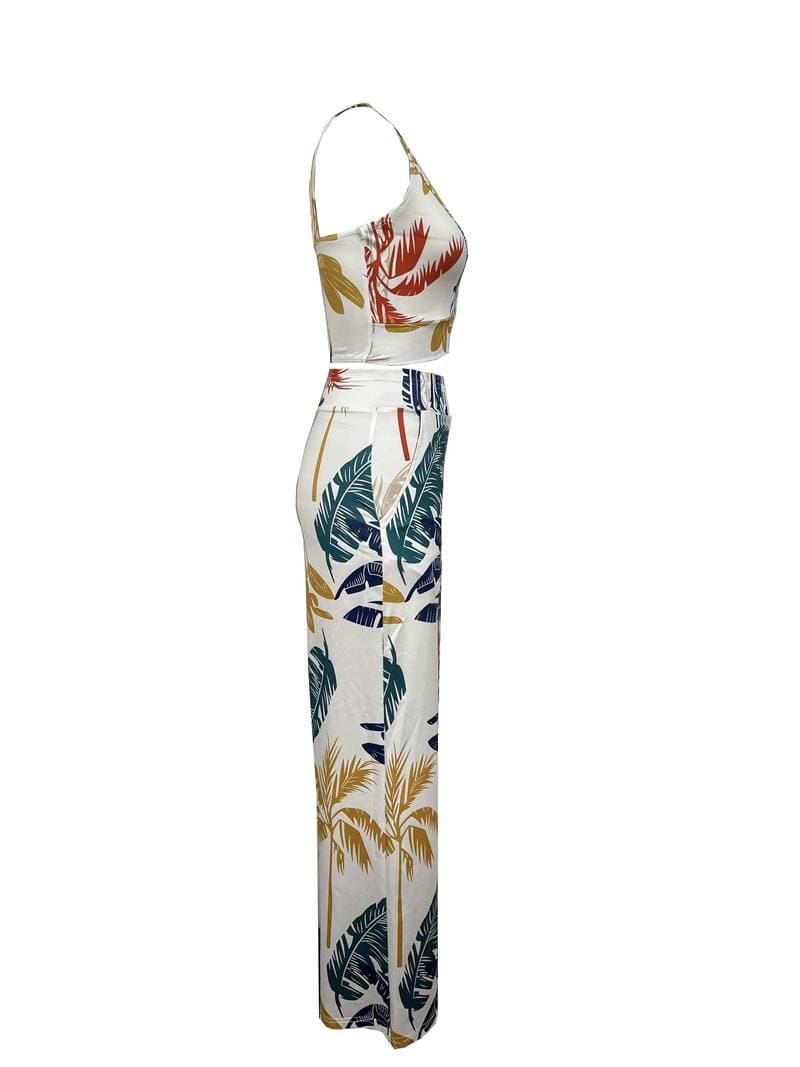 Women's Set – V-Neck Crop Top & High-Waisted Wide-Leg Pants – Tropical Print – With Pockets