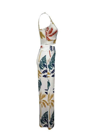 Women's Set – V-Neck Crop Top & High-Waisted Wide-Leg Pants – Tropical Print – With Pockets