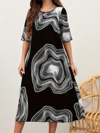 Women's Dress - Midi Length - A-Line Fit - Round Neck - Abstract Pattern