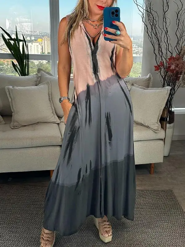 Women's Maxi Dress – Sleeveless – Color Block Design – Collar – Light and Breathable Fit