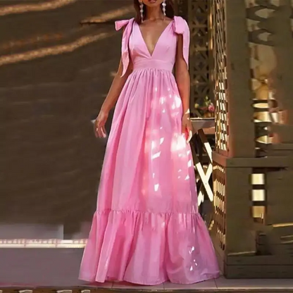 Women's Maxi Dress – Sleeveless – Deep V-Neck – Bow Straps – Elegant and Light