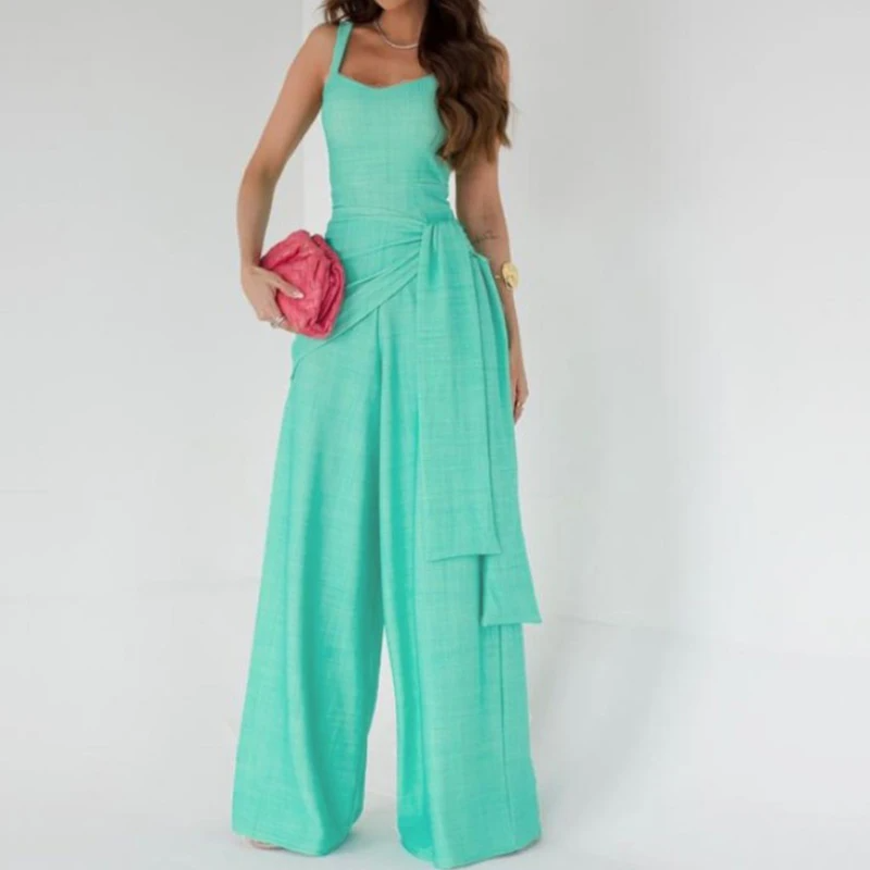 Women's Jumpsuit – Sleeveless – Adjustable Straps – Wide Leg – Waist Belt – Lightweight Material