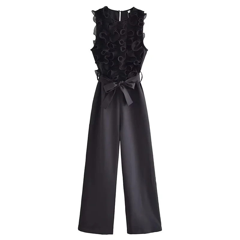 Women's Jumpsuit - Sleeveless Top with Voluminous Ruffles - High-Waisted Wide Pants