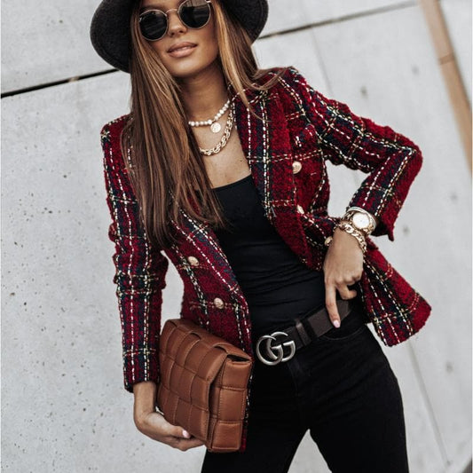 Blazer til Kvinder - Ternet Mønster - Skræddersyet Pasform - Dobbelt Radet Knaplukning