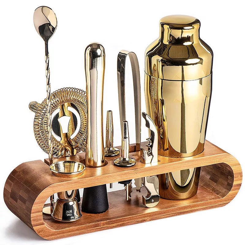 Contemporary Stainless Steel Cocktail Shaker Set with Wooden Stand
