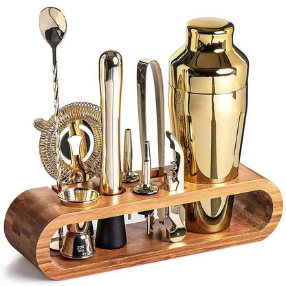 Contemporary Stainless Steel Cocktail Shaker Set with Wooden Stand