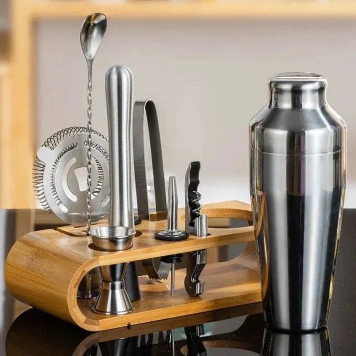 Contemporary Stainless Steel Cocktail Shaker Set with Wooden Stand