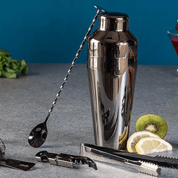 Contemporary Stainless Steel Cocktail Shaker Set with Wooden Stand