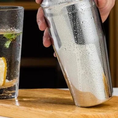 Contemporary Stainless Steel Cocktail Shaker Set with Wooden Stand
