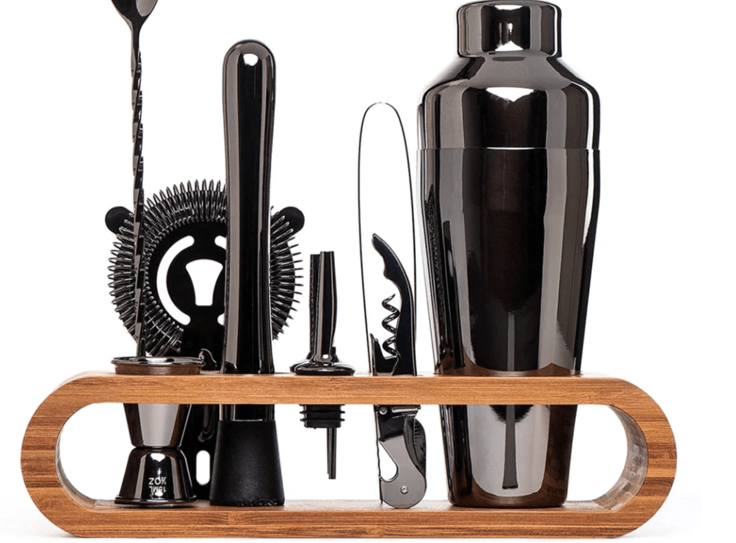 Contemporary Stainless Steel Cocktail Shaker Set with Wooden Stand