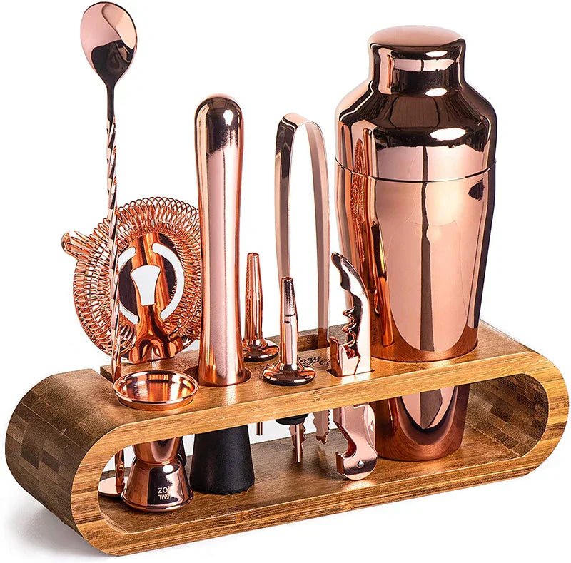Contemporary Stainless Steel Cocktail Shaker Set with Wooden Stand