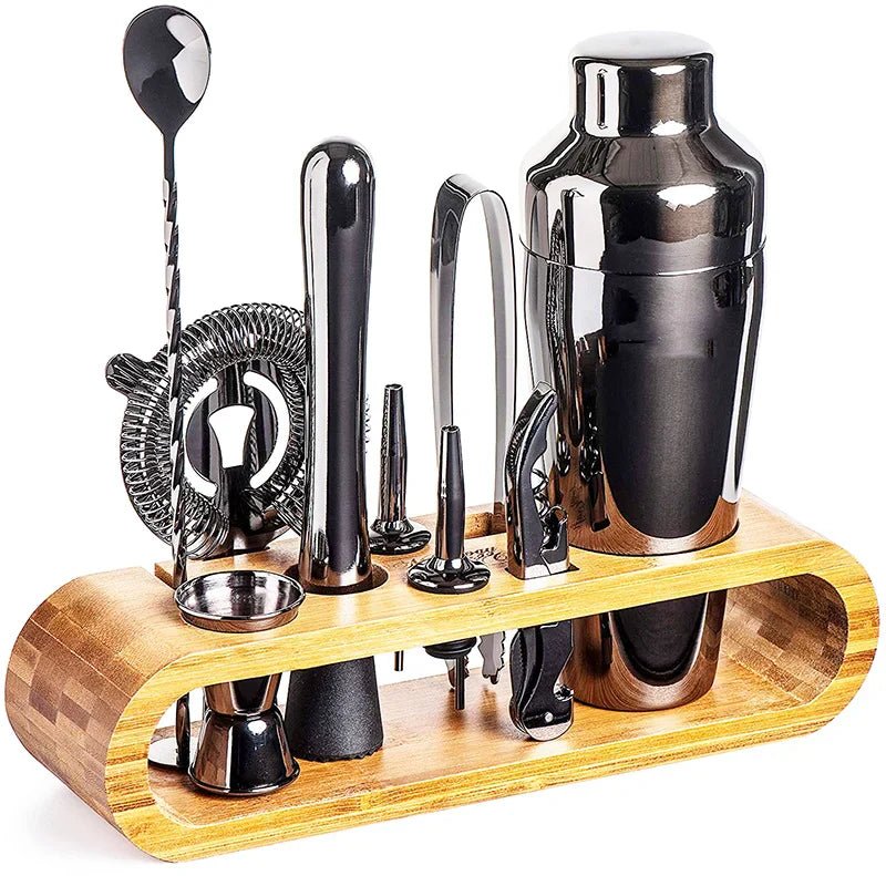 Contemporary Stainless Steel Cocktail Shaker Set with Wooden Stand