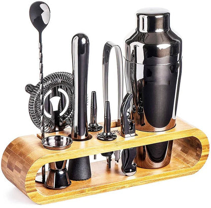 Contemporary Stainless Steel Cocktail Shaker Set with Wooden Stand