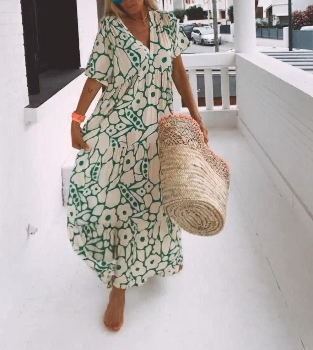 Women's Maxi Dress - Loose Fit - Short Sleeves - V-neck - Floral Pattern