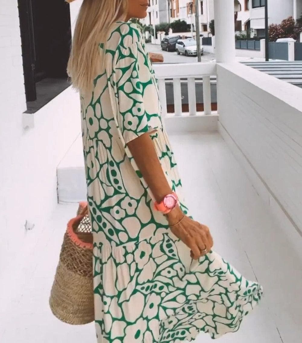 Women's Maxi Dress - Loose Fit - Short Sleeves - V-neck - Floral Pattern
