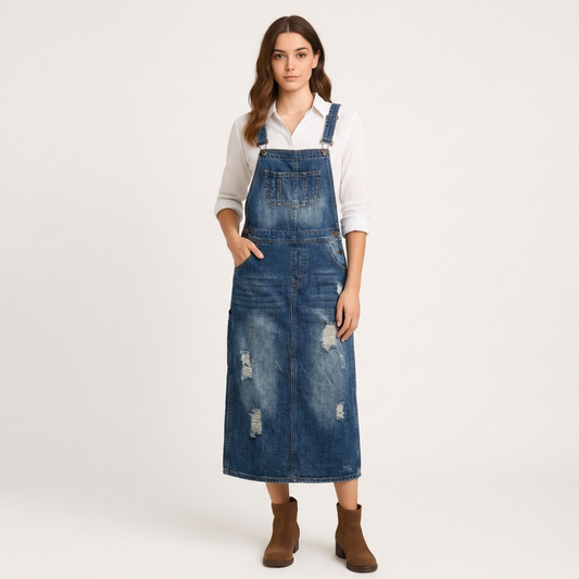 Women's Denim Dress – Relaxed Fit – Midi Length – Adjustable Straps – Distressed Details