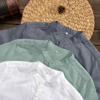 Men's Shirt – Linen Blend – Relaxed Fit – Mandarin Collar – Mid-Length Sleeve