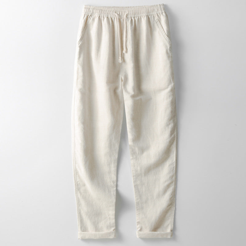 Men's Trousers – Linen Blend – Loose Fit – Elastic Waist – Straight Legs – Casual