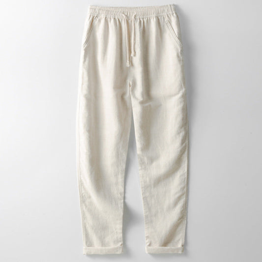 Men's Trousers – Linen Blend – Loose Fit – Elastic Waist – Straight Legs – Casual