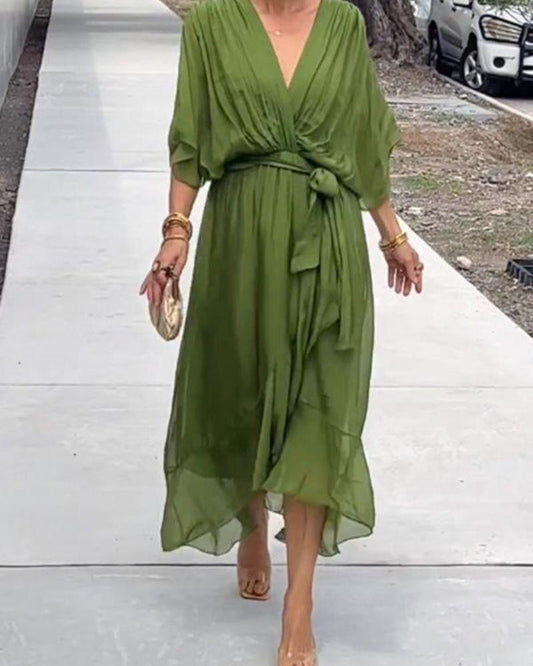 Women's Midi Dress - Wrap Design - Tie at the Waist - Light and Airy Cut