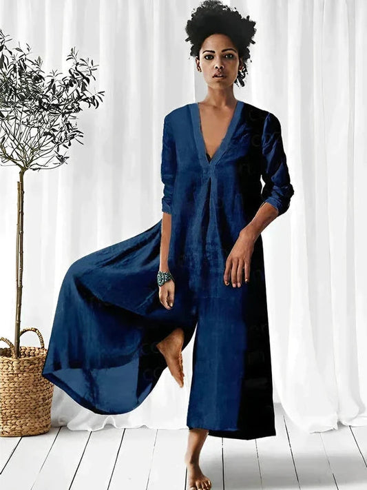 Women's Maxi Dress - Light and Airy - V-neck - Long-sleeved - Elegant Loose Fit