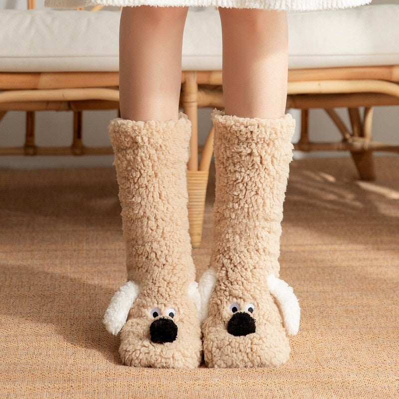 Isla Comfort Fit Slipper Socks | Fuzzy Dog Applique Mid-Calf Socks