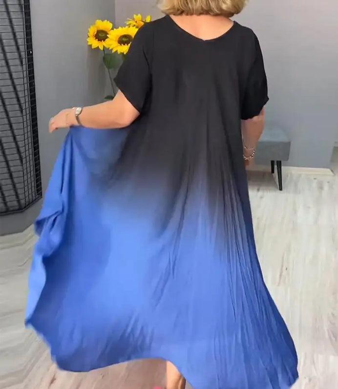 Women's Dress – Loose Fit – V-Neck – Knee Length – Short Sleeves – Soft Drape