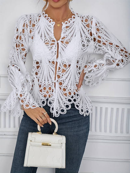 Women's Lace Blouse - Long-Sleeved V-Neck - Button Closure - Elegant Transparent Design