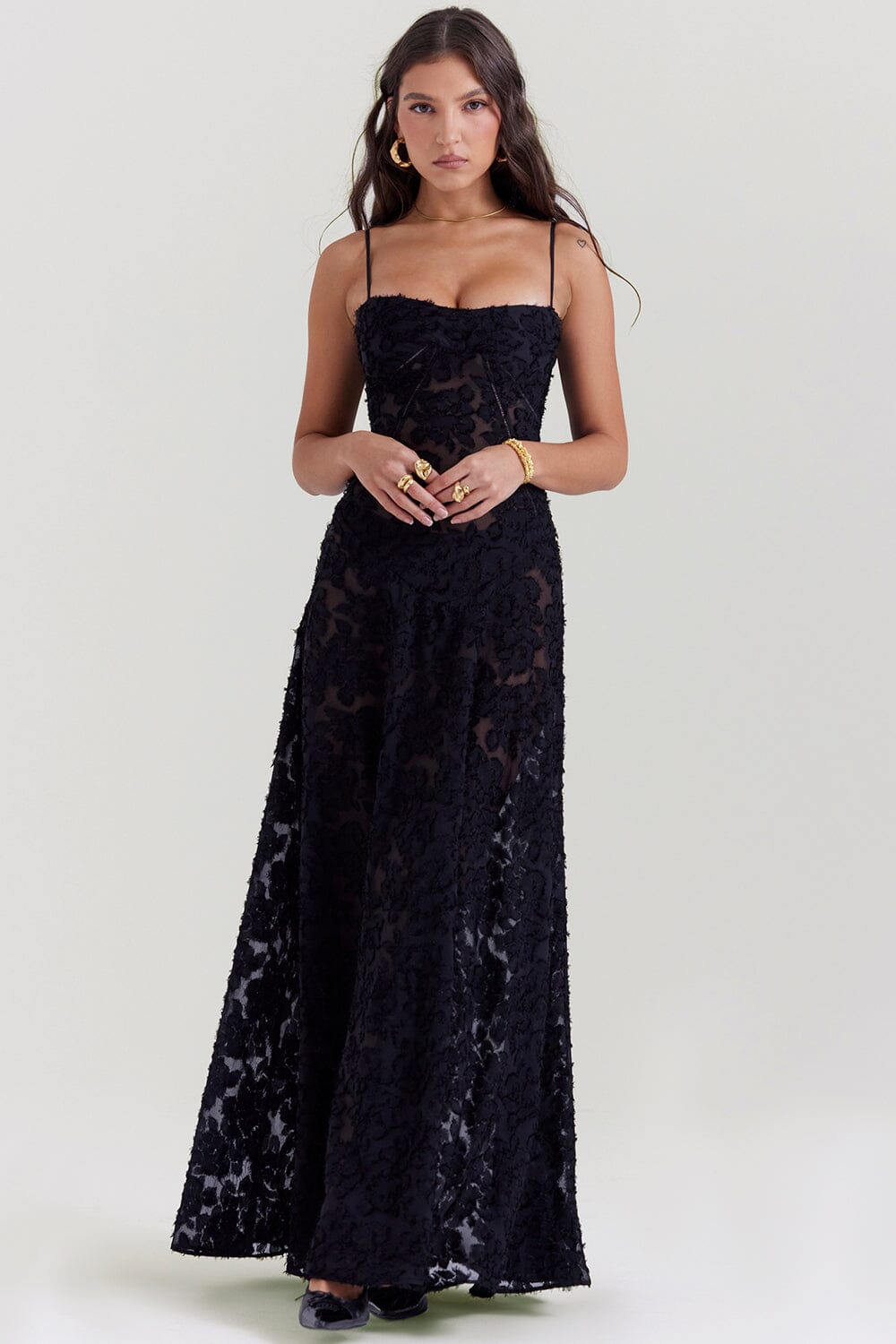 Maxi Dress for Women – Slim Fit – Light Chiffon – Floral Pattern – Thin Straps