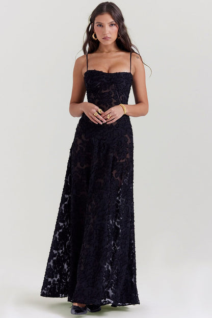 Maxi Dress for Women – Slim Fit – Light Chiffon – Floral Pattern – Thin Straps