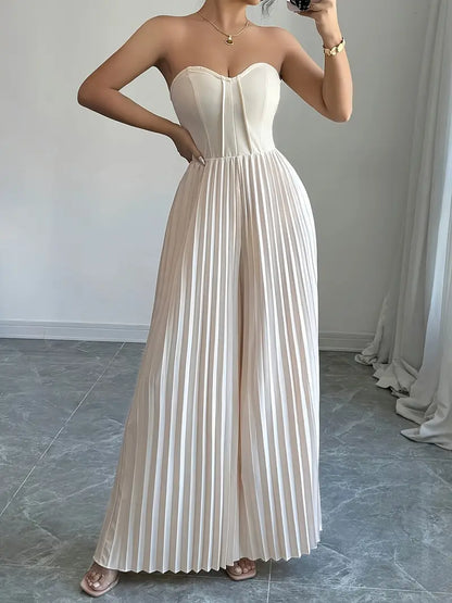 Women's Jumpsuit - Strapless - Corset Fit - Wide Pleated Legs - Elegant Party Look