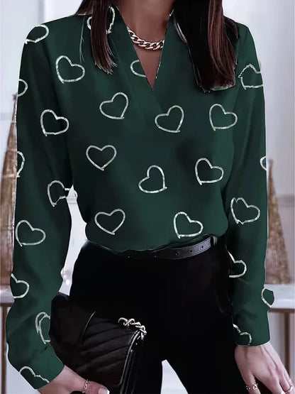 Women's Blouse - V-neck - Lightweight Fabric - Loose Fit - Elegant Long Sleeves - Heart Pattern