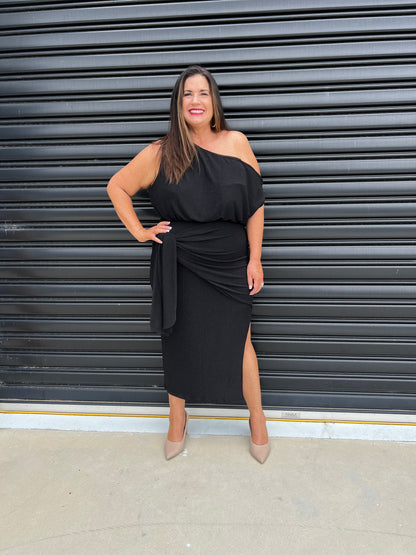 Women Dress - Asymmetric One-Shoulder - Slim Fit - Midi Length with Slit