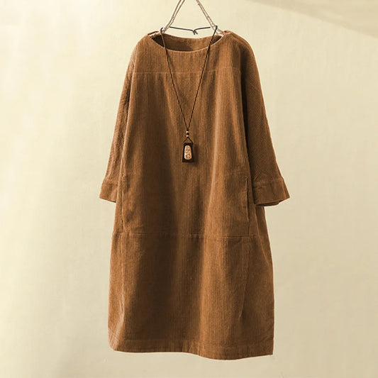 Women's Dress - Corduroy Fabric - Loose Fit - Long Sleeve - Casual Everyday Style
