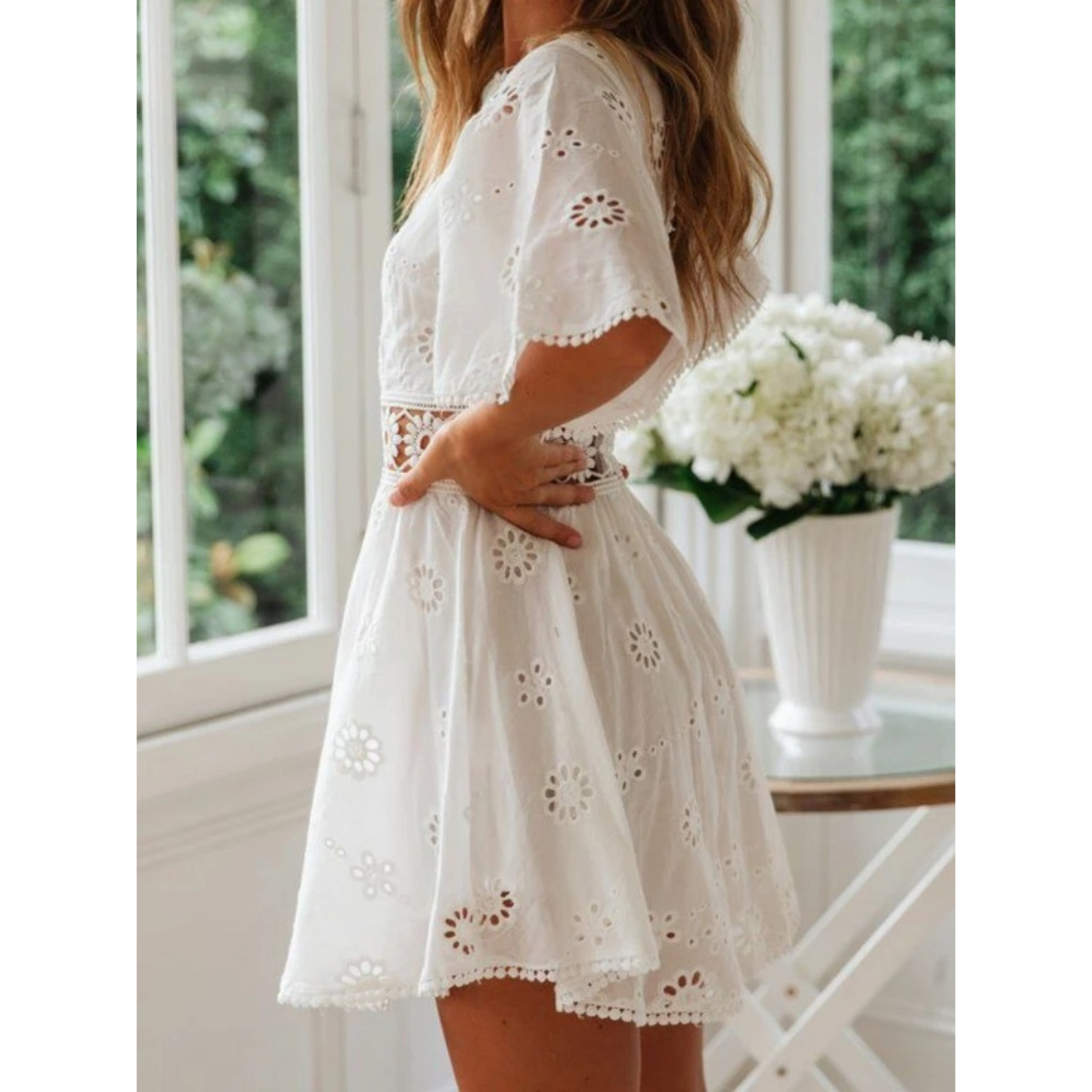 Women's Dress - Broderie Anglaise - Short Sleeved - A-line with Round Neck