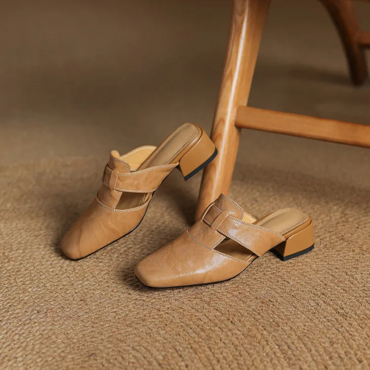 Minimalist Leather Mules with Block Heel