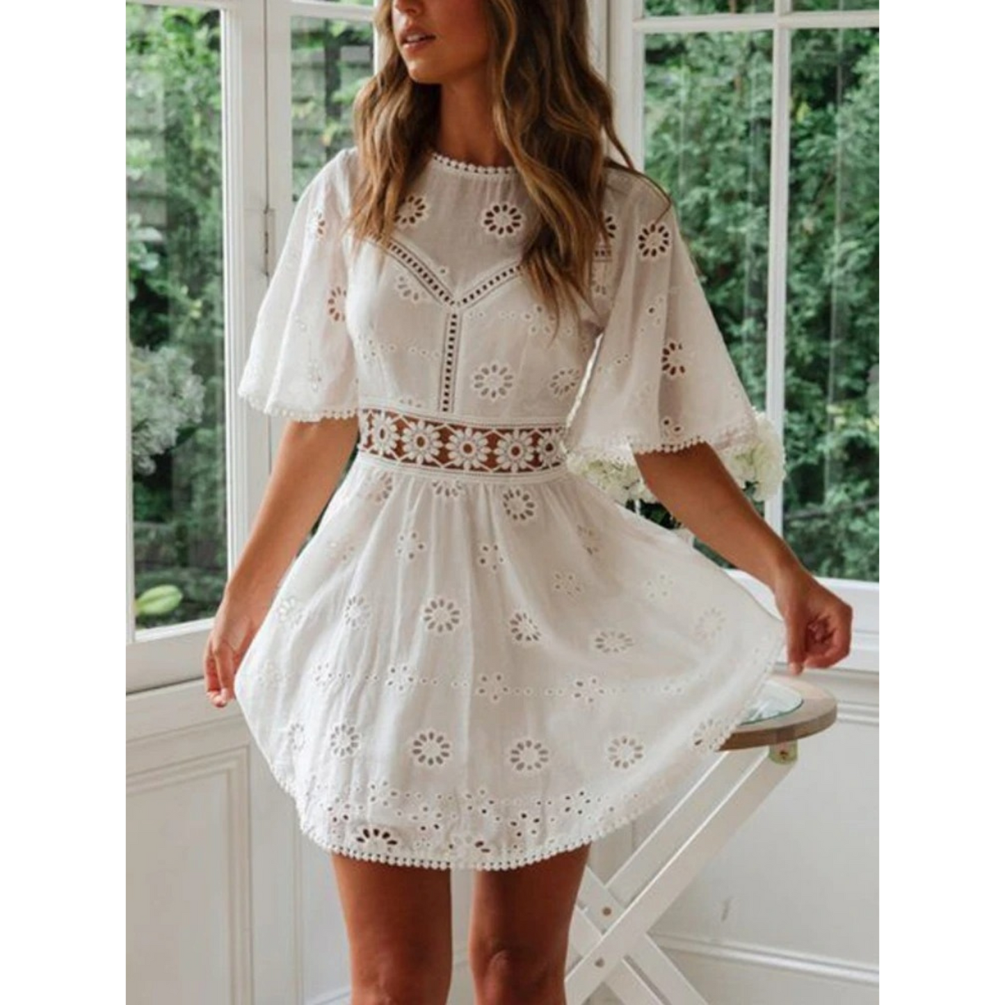 Women's Dress - Broderie Anglaise - Short Sleeved - A-line with Round Neck