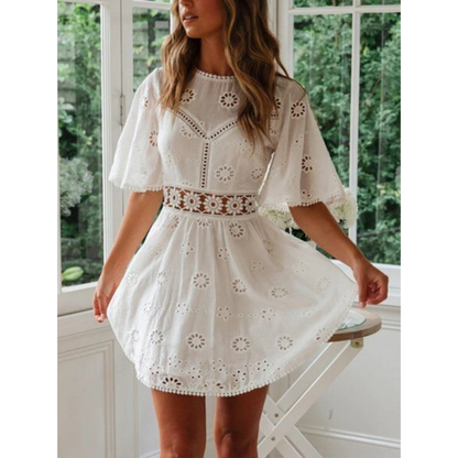 Women's Dress - Broderie Anglaise - Short Sleeved - A-line with Round Neck