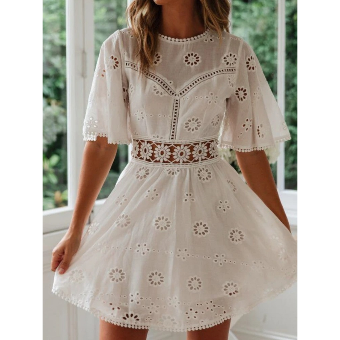 Women's Dress - Broderie Anglaise - Short Sleeved - A-line with Round Neck