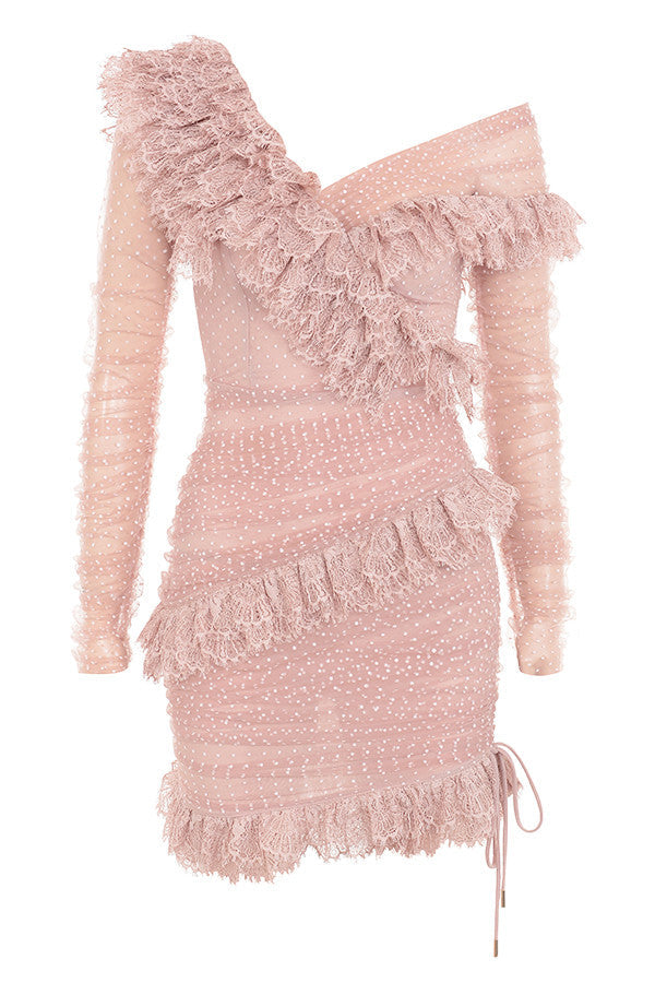 Women's Mini Dress - Off-Shoulder - Tailored - Mesh with Dots - Ruffles and Lace Trim